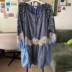 LOFT Blue Paisley Dress with Lace